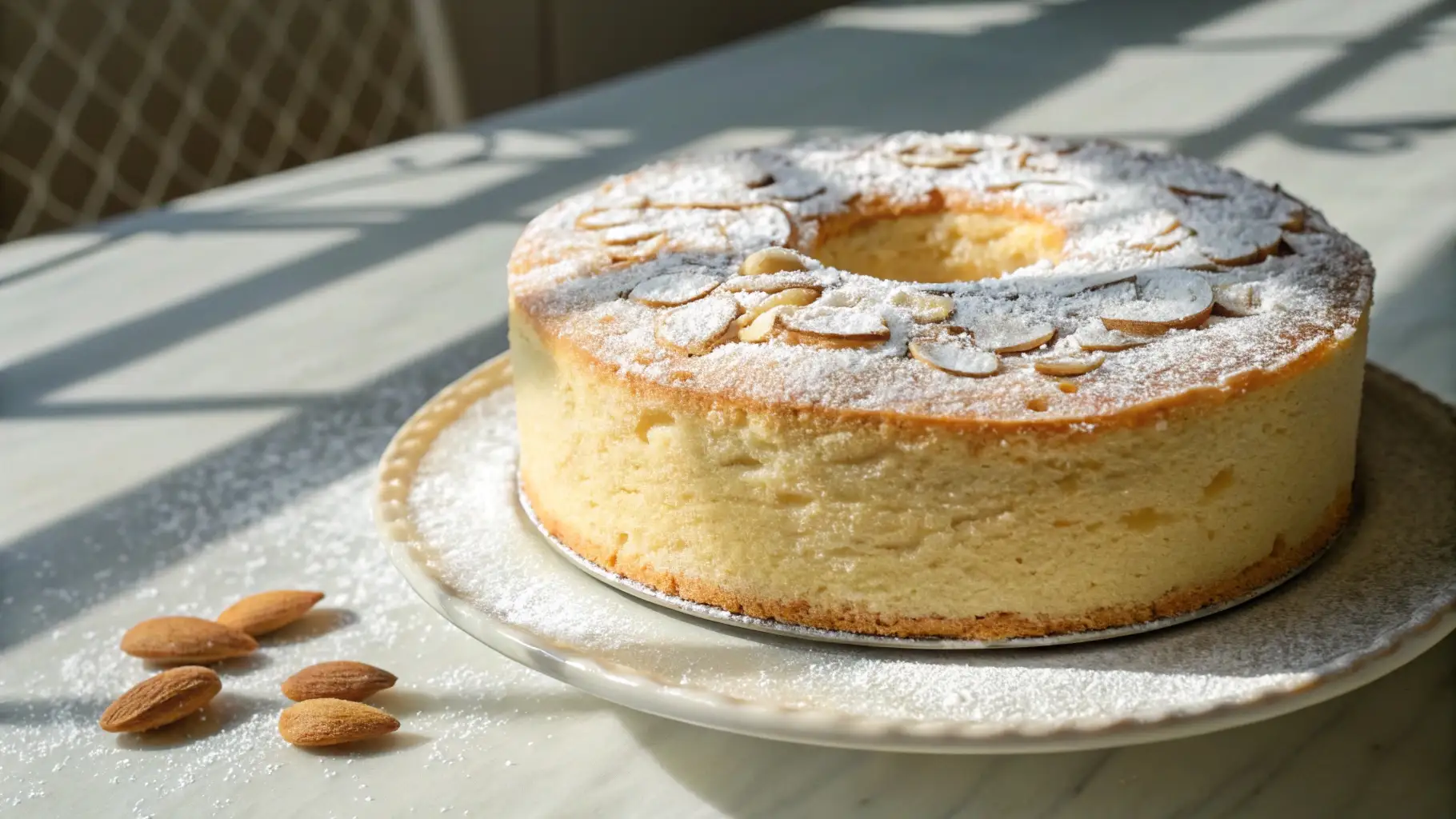 Almond chiffon cake with a light airy texture topped with powdered sugar and sliced almonds on a serving plate