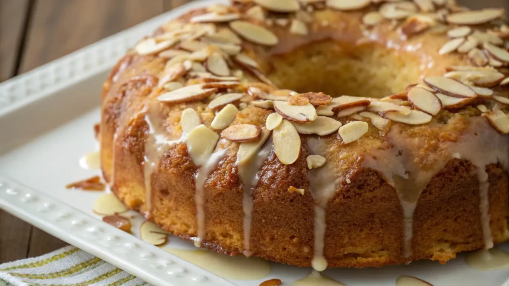 Almond ring coffee cake with glaze and sliced almonds on top served on a white plate