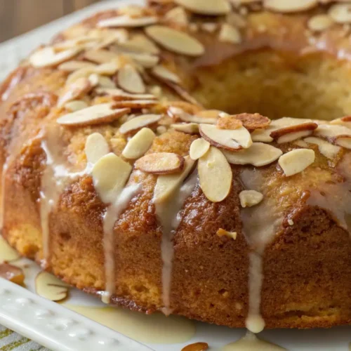 Almond Ring Coffee Cake Soft Buttery Almond Breakfast Cake - A Tender, Classic Treat 2 Almond ring coffee cake with glaze and sliced almonds on top served on a white plate