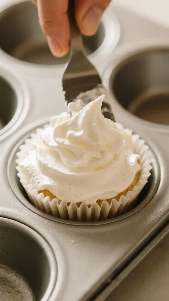 Angel Food Cupcakes for Beginners – Easy & Foolproof 2 Close-up of angel food cupcake batter being smoothed with a spatula in a muffin tin, showing light and airy texture