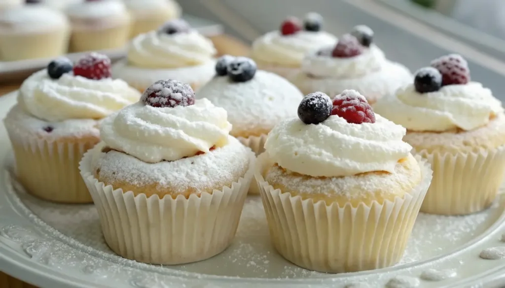 Angel food cupcakes with fluffy white frosting in paper liners, featuring a creative abstract overlay effect with wooden textures