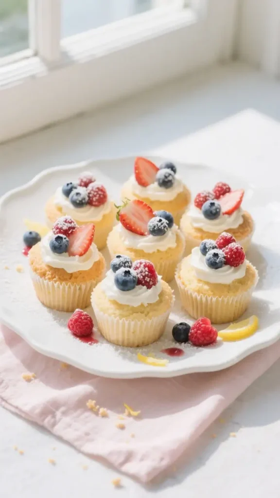 Angel Food Cupcakes for Beginners – Easy & Foolproof 3 Light and fluffy angel food cupcakes topped with whipped cream, fresh strawberries, blueberries, and raspberries, dusted with powdered sugar on a white plate by a window.