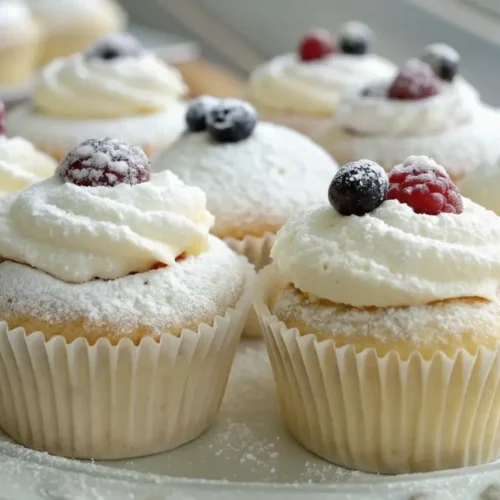 Angel Food Cupcakes for Beginners – Easy & Foolproof 4 Angel food cupcakes with fluffy white frosting in paper liners, featuring a creative abstract overlay effect with wooden textures