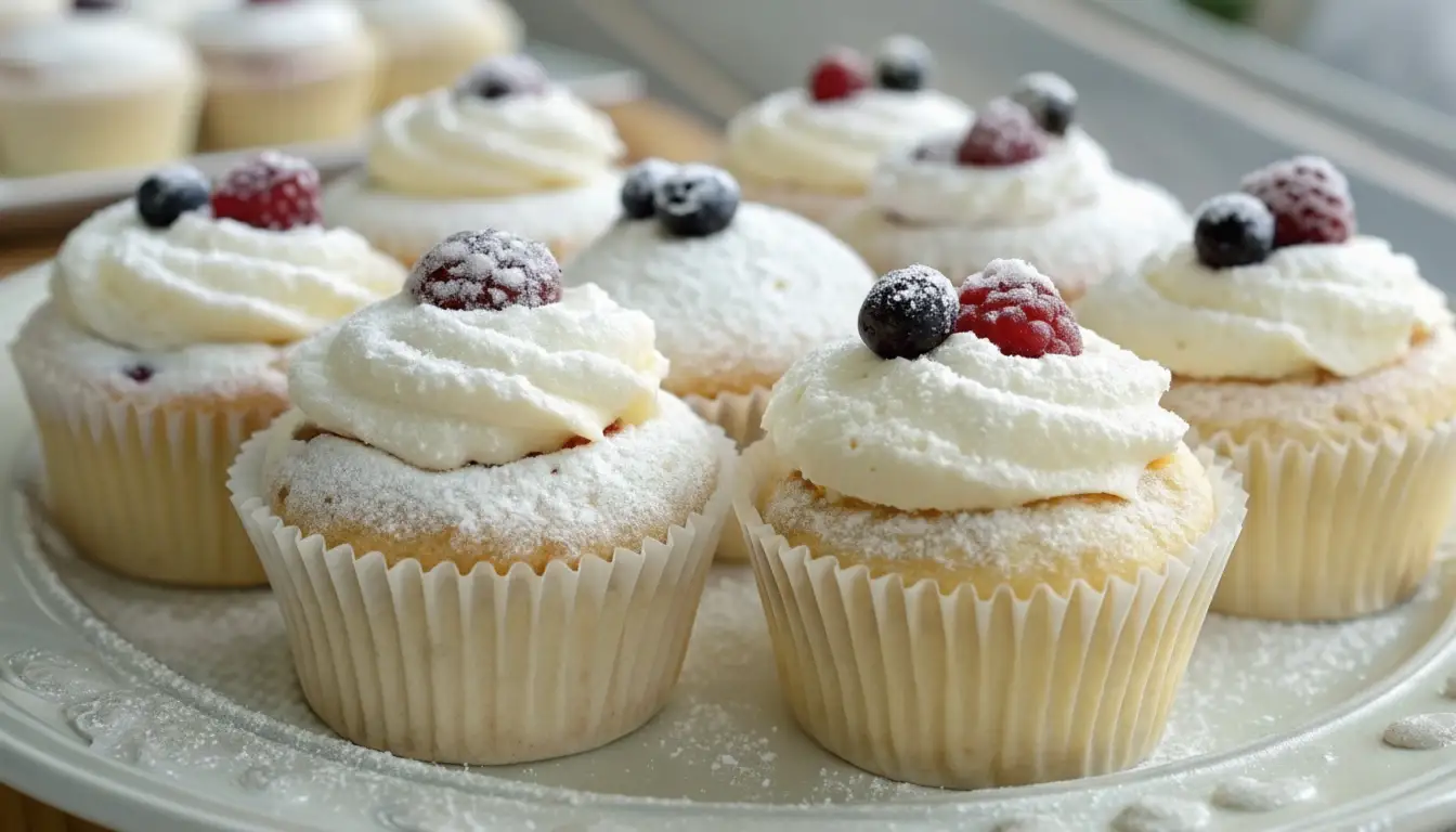 Angel Food Cupcakes for Beginners – Easy & Foolproof 1 Angel food cupcakes with fluffy white frosting in paper liners, featuring a creative abstract overlay effect with wooden textures