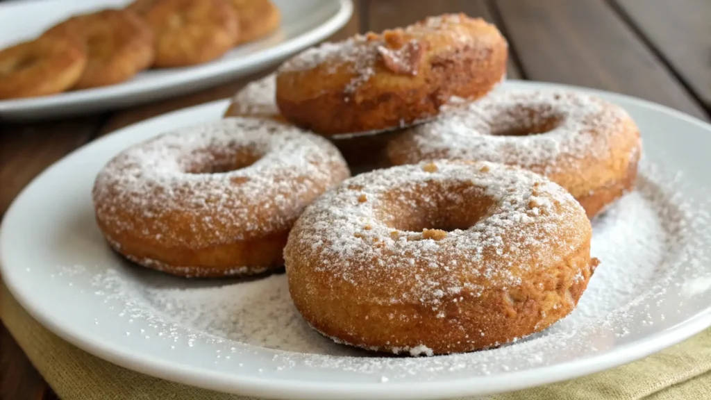 Golden apple cider donuts dusted with powdered sugar, stacked on a white plate with a soft fluffy texture and warm autumn tones in the background.