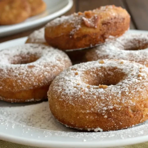 Golden apple cider donuts dusted with powdered sugar, stacked on a white plate with a soft fluffy texture and warm autumn tones in the background.