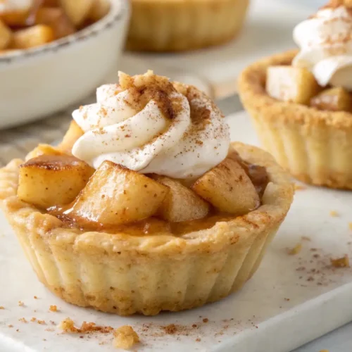 Apple pie cheesecake cups with creamy filling, cinnamon spiced apples, and whipped cream in mini dessert crusts