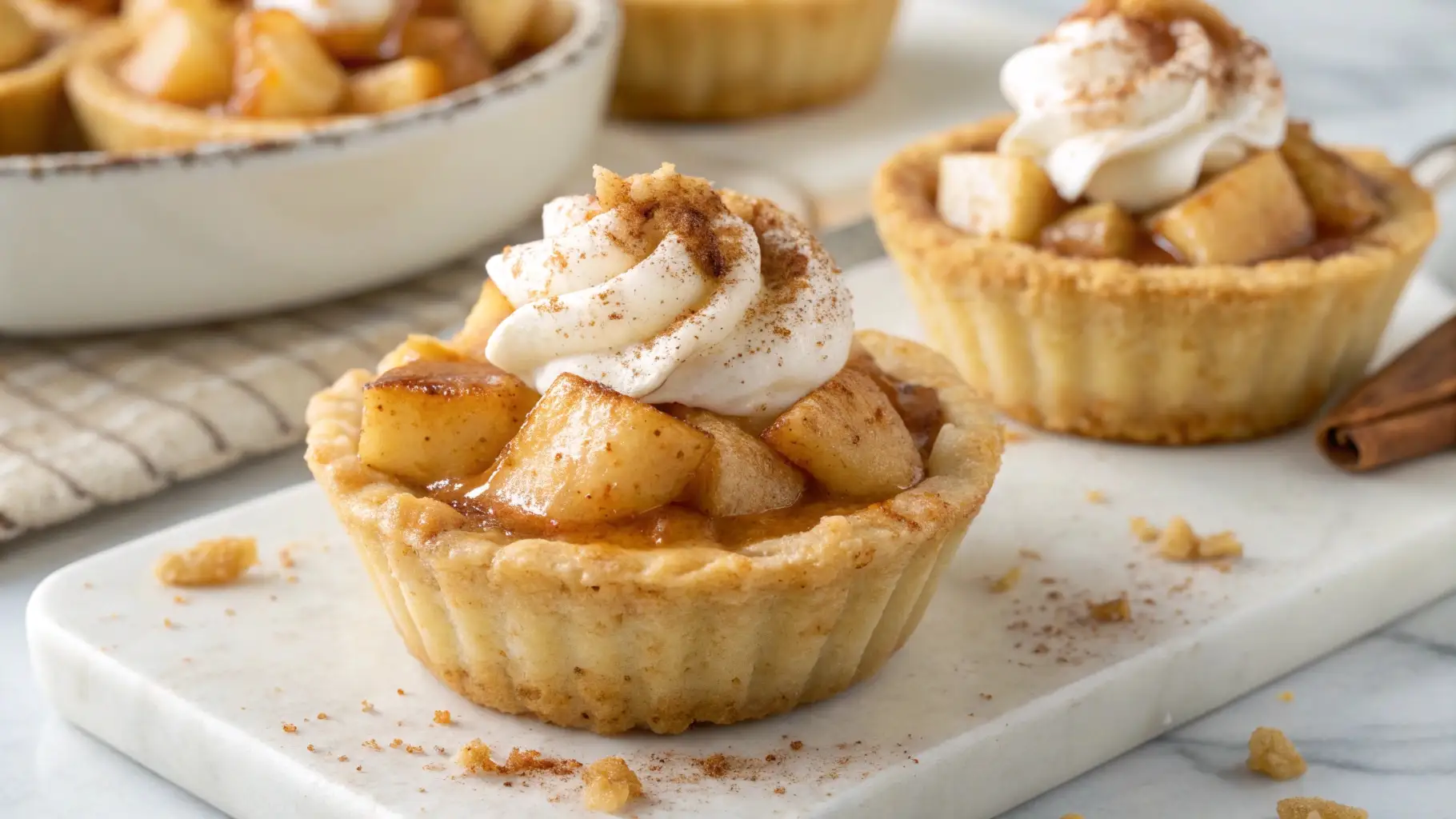Apple pie cheesecake cups with creamy filling, cinnamon spiced apples, and whipped cream in mini dessert crusts