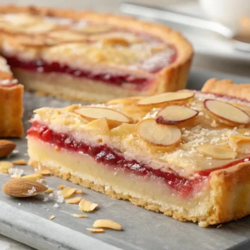 Slice of Bakewell tart with buttery shortcrust pastry, raspberry jam layer, almond frangipane filling, and flaked almonds on top