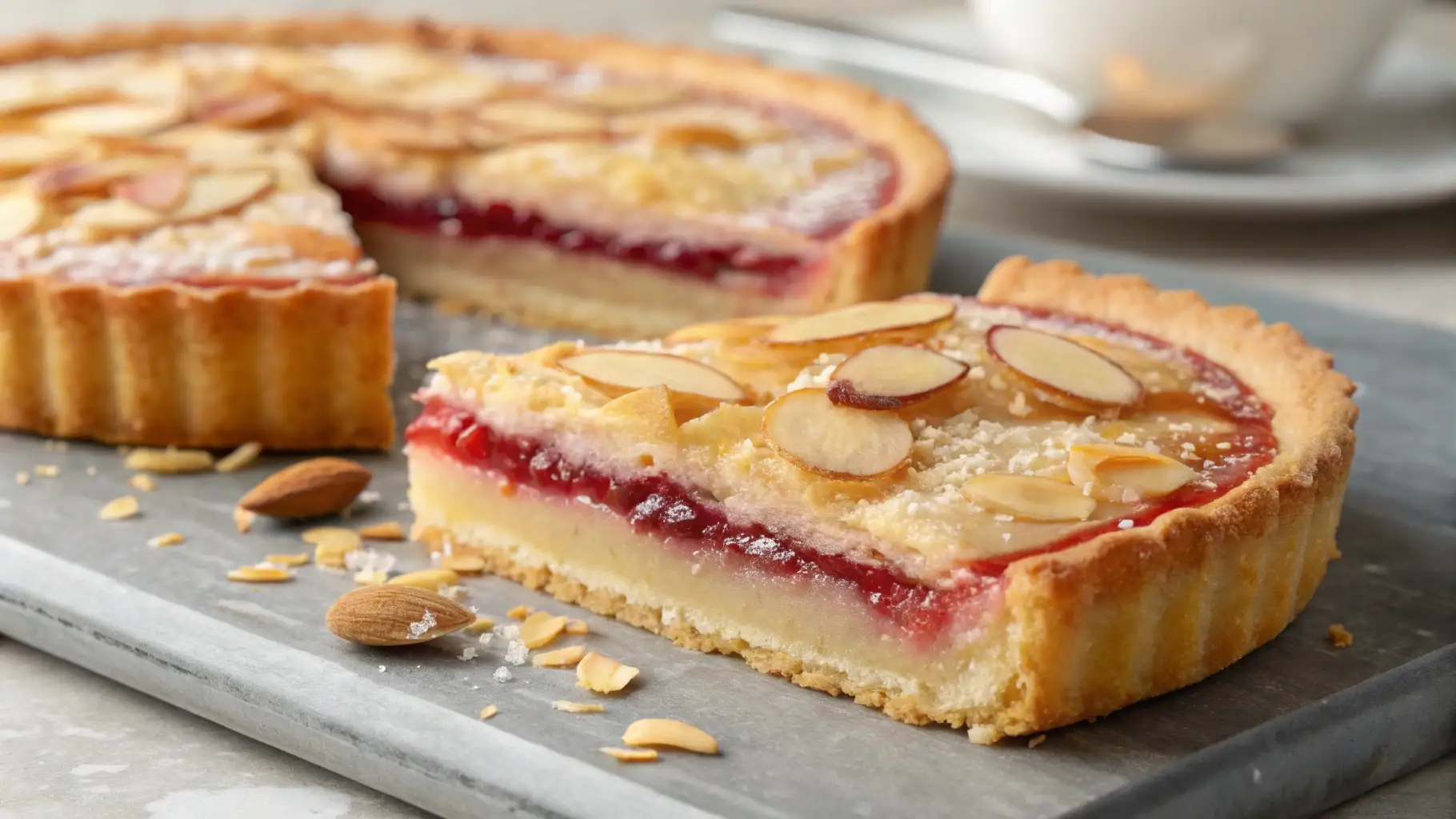Slice of Bakewell tart with buttery shortcrust pastry, raspberry jam layer, almond frangipane filling, and flaked almonds on top