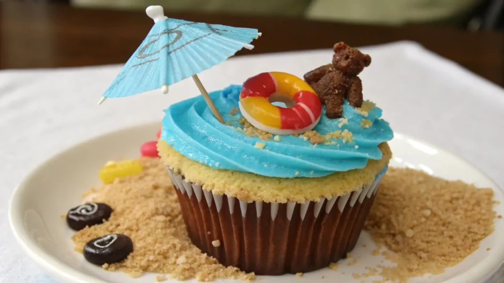 Beach-themed cupcake with blue frosting, mini umbrella, teddy bear, and candy life preserver on a sandy crumb base