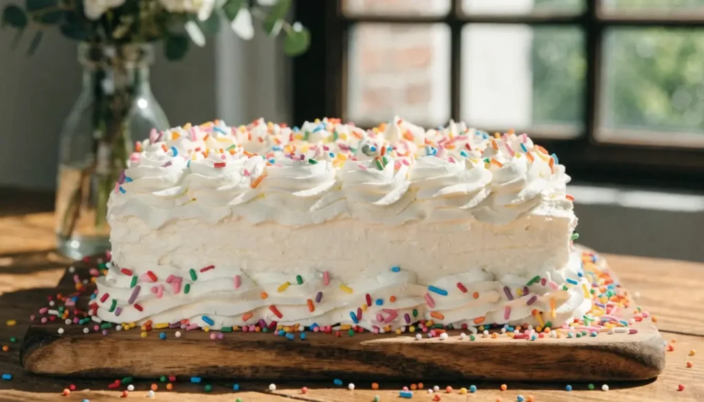 Birthday sheet cake with fluffy white frosting and colorful sprinkles on top, decorated with piped borders and served on a wooden board.
