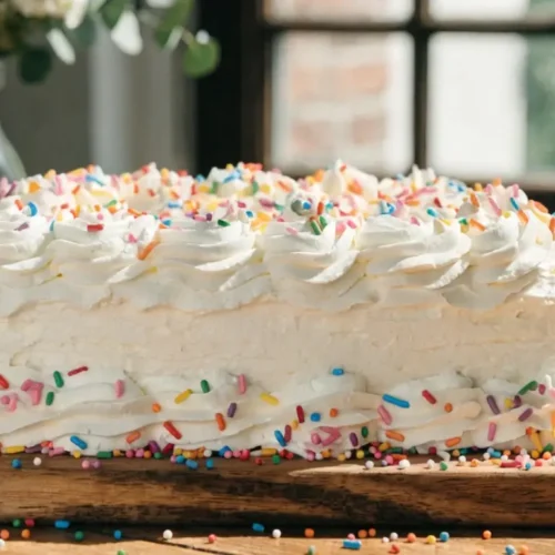 Birthday sheet cake with fluffy white frosting and colorful sprinkles on top, decorated with piped borders and served on a wooden board.