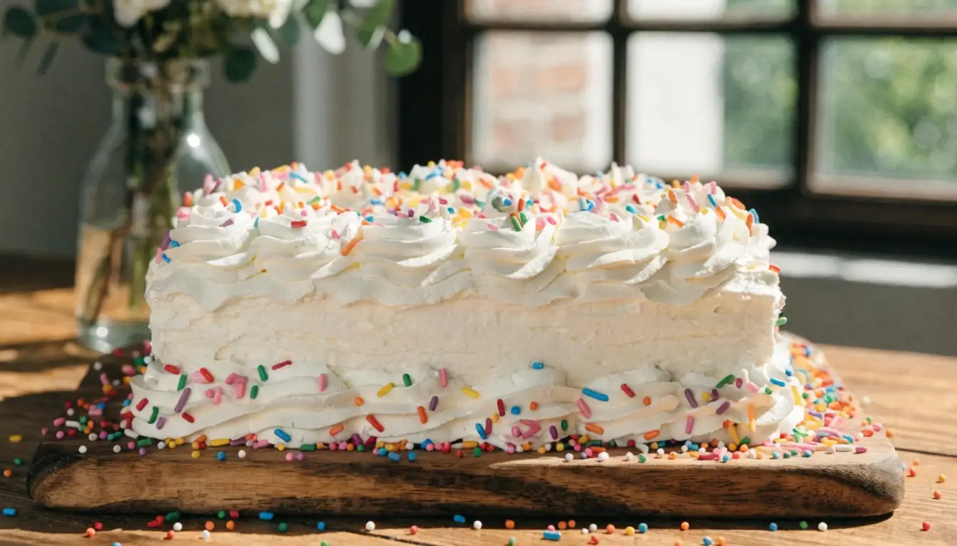 Birthday sheet cake with fluffy white frosting and colorful sprinkles on top, decorated with piped borders and served on a wooden board.
