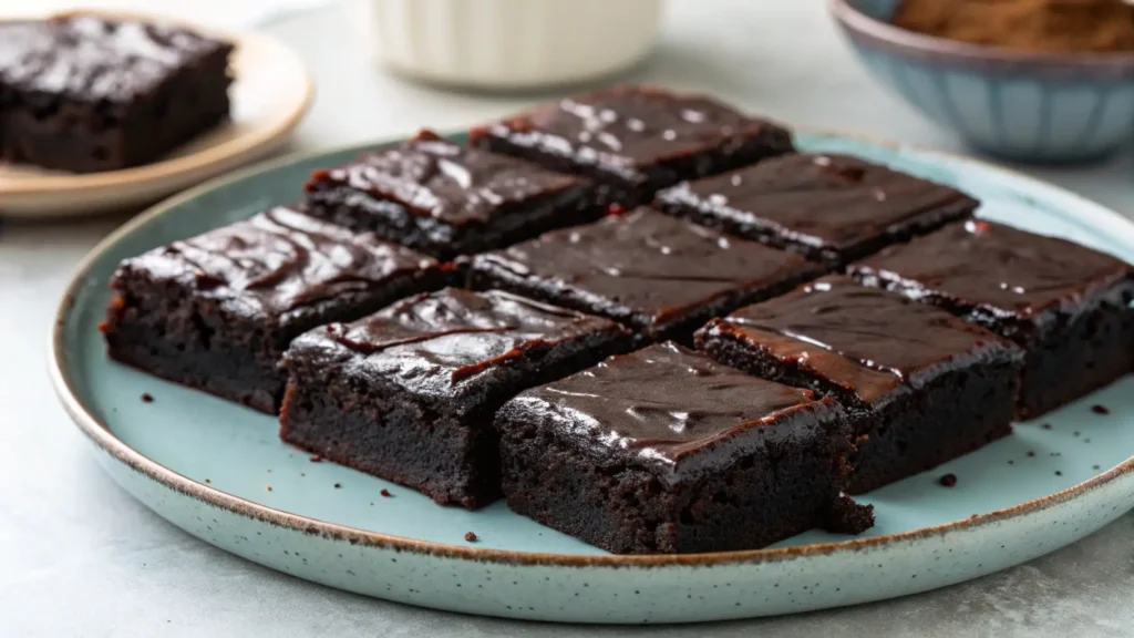 Black cocoa brownies cut into squares with glossy chocolate topping on a ceramic plate