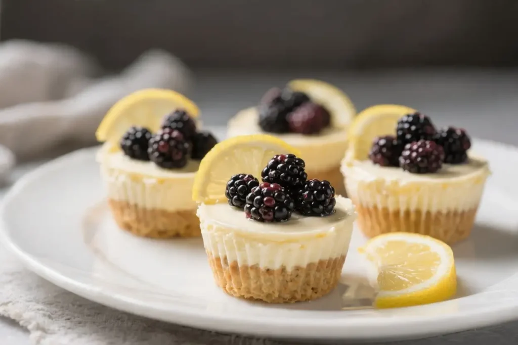 Blackberry lemon cheesecake cups topped with fresh blackberries and lemon slices on a white plate