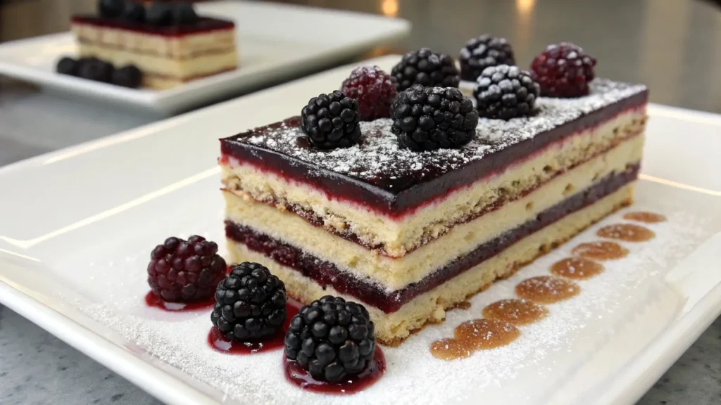 Blackberry opera torte with layered sponge cake, cream filling, and blackberry glaze topped with fresh blackberries and powdered sugar