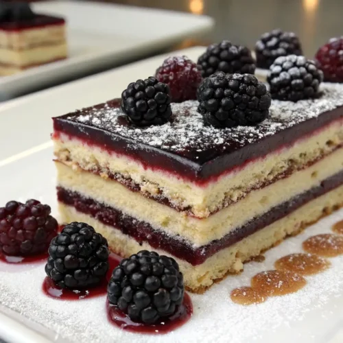 Blackberry Opera Torte Luxurious Dessert for Special Occasions - A Modern Take on a Classic 2 Blackberry opera torte with layered sponge cake, cream filling, and blackberry glaze topped with fresh blackberries and powdered sugar