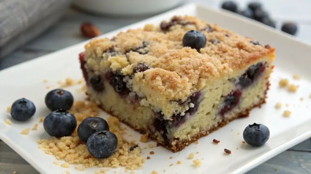 Close-up of a moist blueberry buckle cake slice with a golden crumb topping, filled with fresh blueberries, served on a white plate with scattered berries and crumbs.