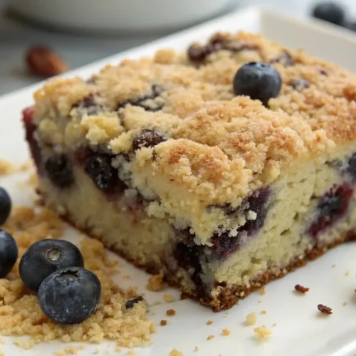 Moist Blueberry Buckle Recipe – Classic Summer Coffee Cake 2 Close-up of a moist blueberry buckle cake slice with a golden crumb topping, filled with fresh blueberries, served on a white plate with scattered berries and crumbs.