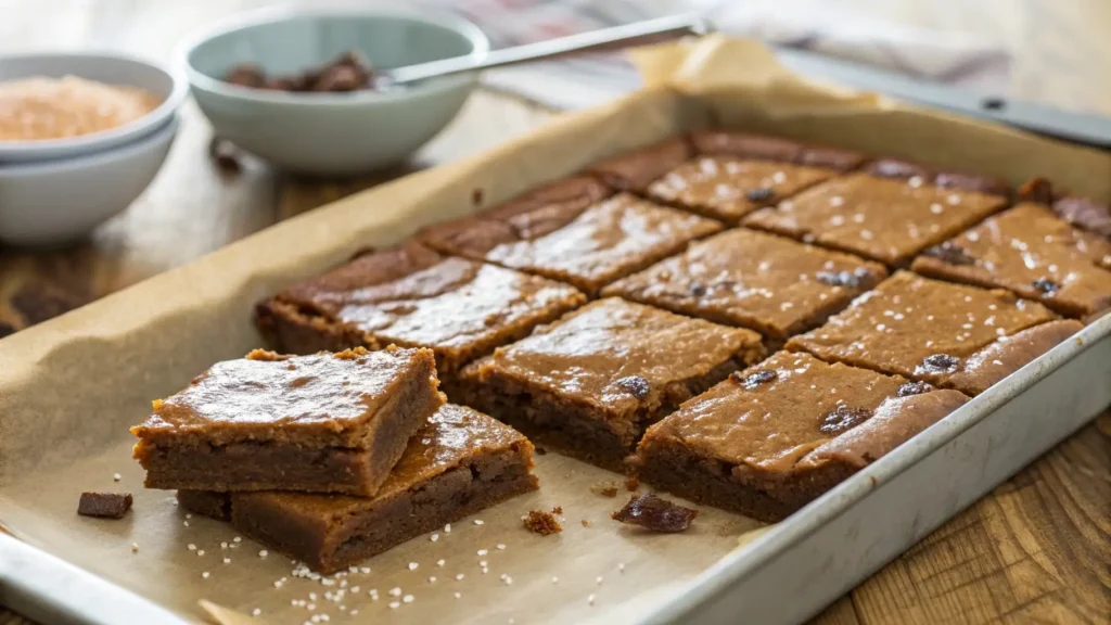 Close-up of brown sugar brownie bars cut into squares in a parchment-lined baking pan, featuring glossy crackly tops, chewy centers, and sprinkled sea salt with a few stacked pieces in the foreground.