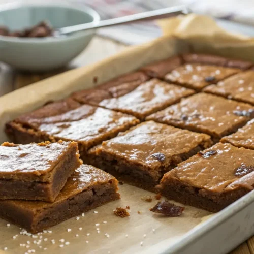 Close-up of brown sugar brownie bars cut into squares in a parchment-lined baking pan, featuring glossy crackly tops, chewy centers, and sprinkled sea salt with a few stacked pieces in the foreground.