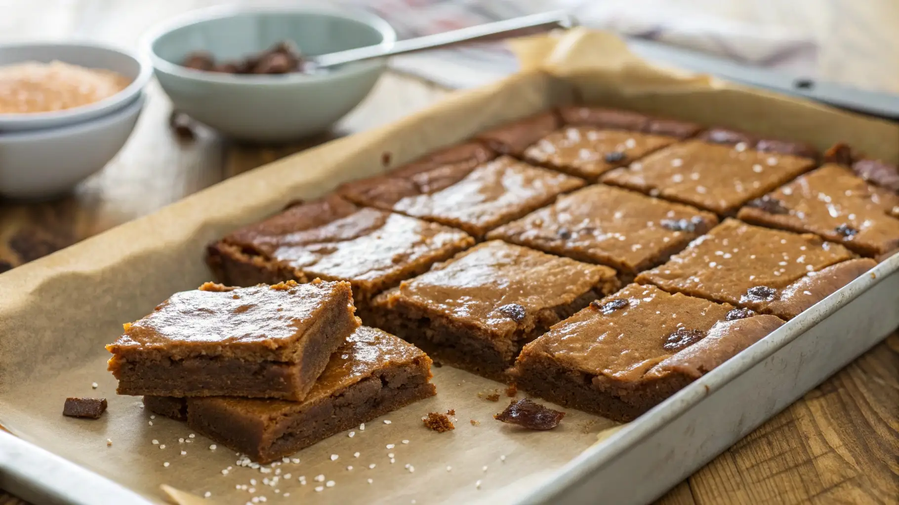 Close-up of brown sugar brownie bars cut into squares in a parchment-lined baking pan, featuring glossy crackly tops, chewy centers, and sprinkled sea salt with a few stacked pieces in the foreground.