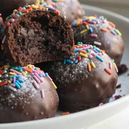 Chocolate brownie truffles with colorful sprinkles and powdered sugar on a white plate