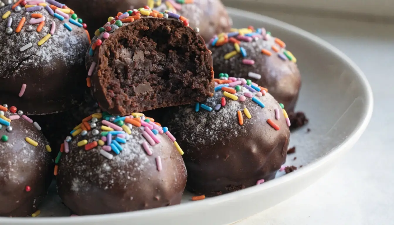 Chocolate brownie truffles with colorful sprinkles and powdered sugar on a white plate