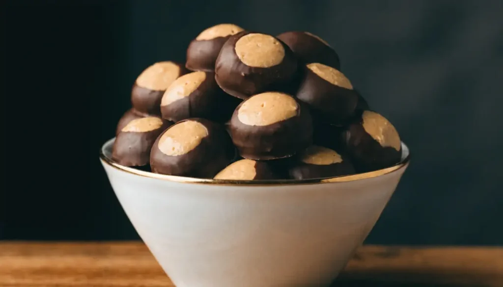 Buckeye candy chocolate peanut butter balls stacked in a ceramic bowl on wooden surface