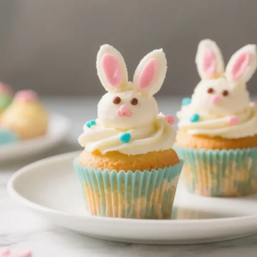 Cute bunny cupcakes with white frosting, decorated with marshmallow ears and candy faces, served on a white plate with pastel sprinkles.