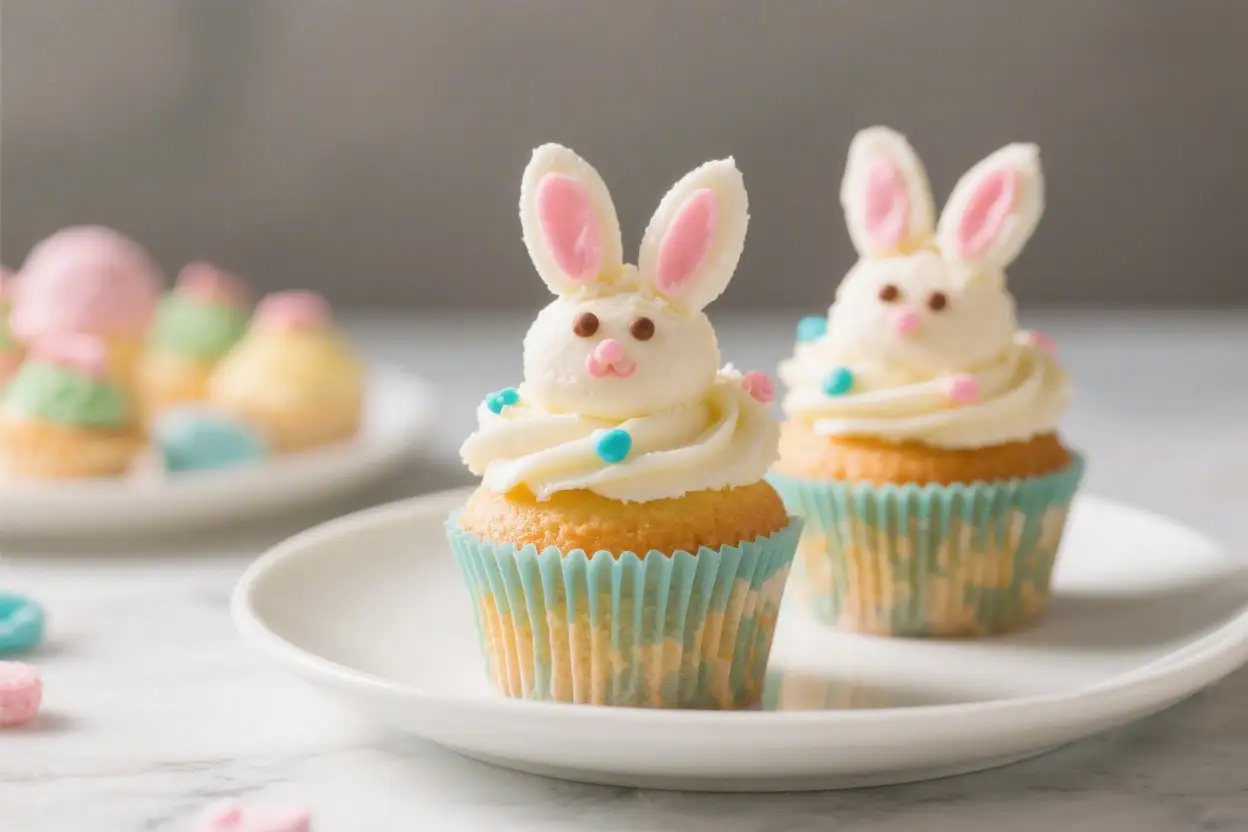 Cute bunny cupcakes with white frosting, decorated with marshmallow ears and candy faces, served on a white plate with pastel sprinkles.