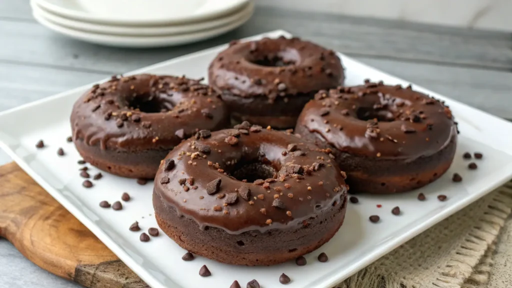 Chocolate cake doughnuts with glossy chocolate glaze topped with chocolate chips served on a white plate