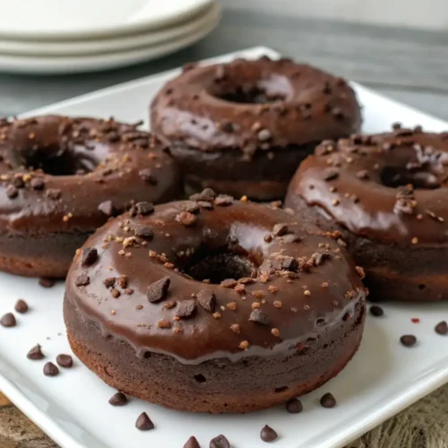Chocolate Cake Doughnuts Easy Baked Chocolate Donuts - A Simple, Rich Treat 2 Chocolate cake doughnuts with glossy chocolate glaze topped with chocolate chips served on a white plate