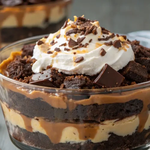 Chocolate caramel brownie trifle layered with fudgy brownies, creamy pudding, whipped cream, and toffee bits in a glass bowl