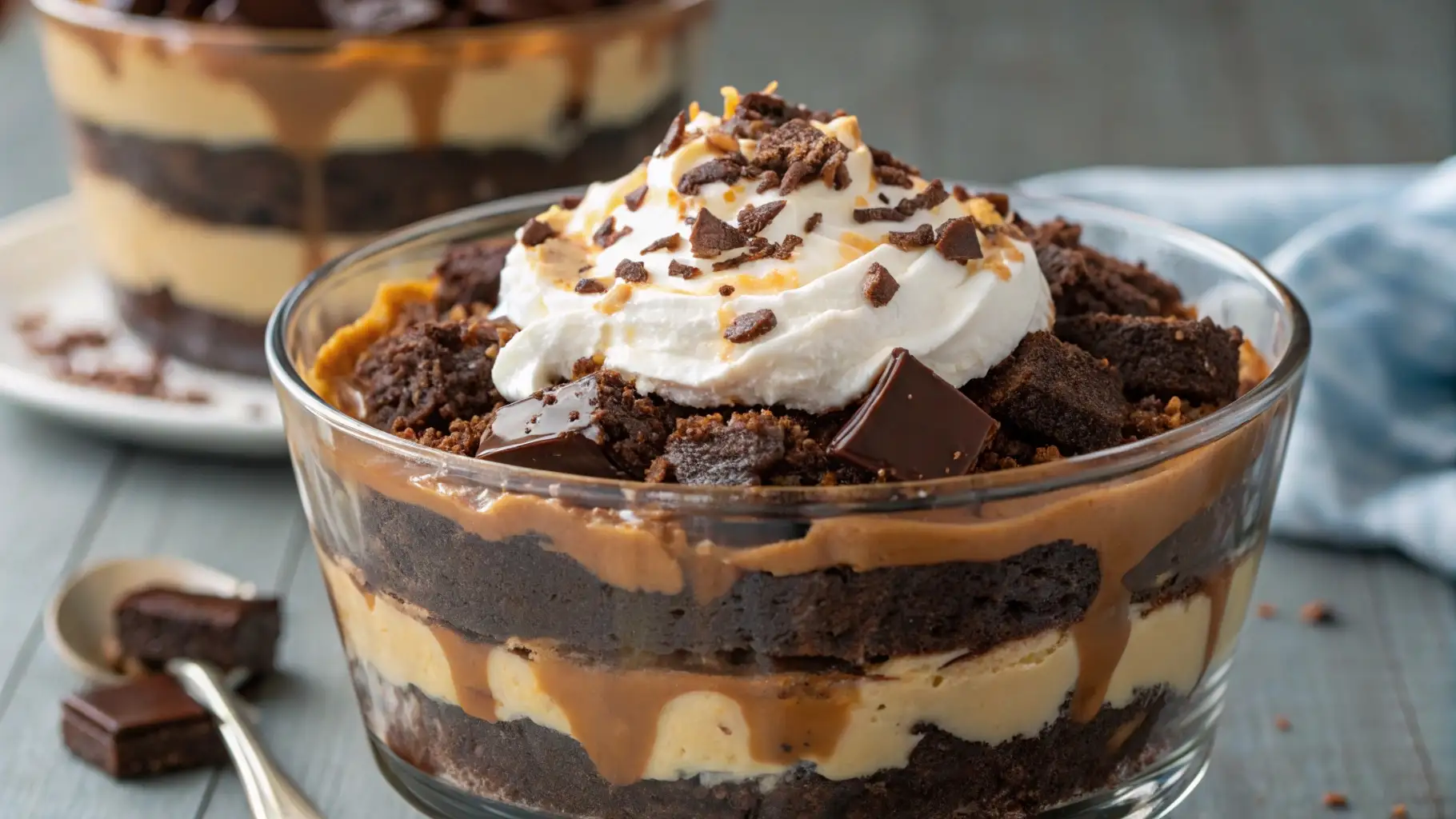 Chocolate caramel brownie trifle layered with fudgy brownies, creamy pudding, whipped cream, and toffee bits in a glass bowl