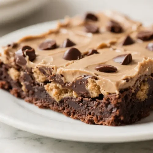 Fudgy chocolate brownies topped with cookie dough frosting and chocolate chips on a white plate