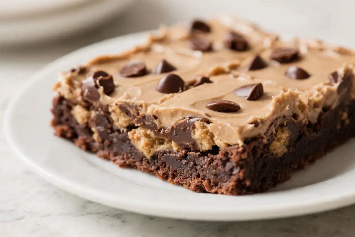 Fudgy chocolate brownies topped with cookie dough frosting and chocolate chips on a white plate