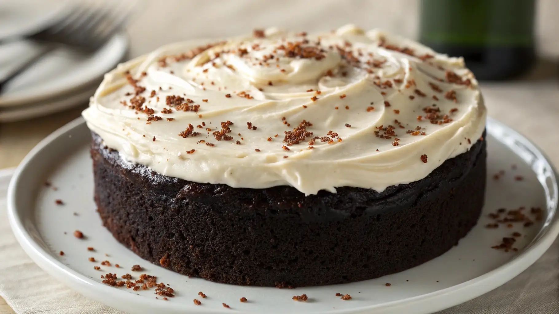 Moist chocolate Guinness cake topped with creamy white frosting and chocolate crumbs, served on a white plate with a blurred background.