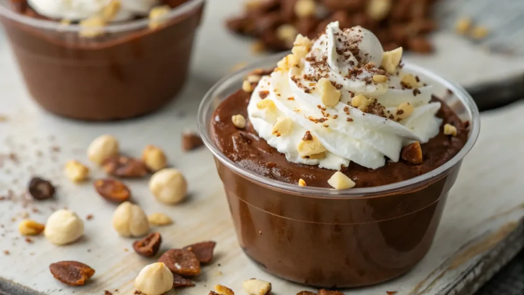 Chocolate hazelnut mousse cup topped with whipped cream and crushed hazelnuts in a clear dessert cup on a wooden surface