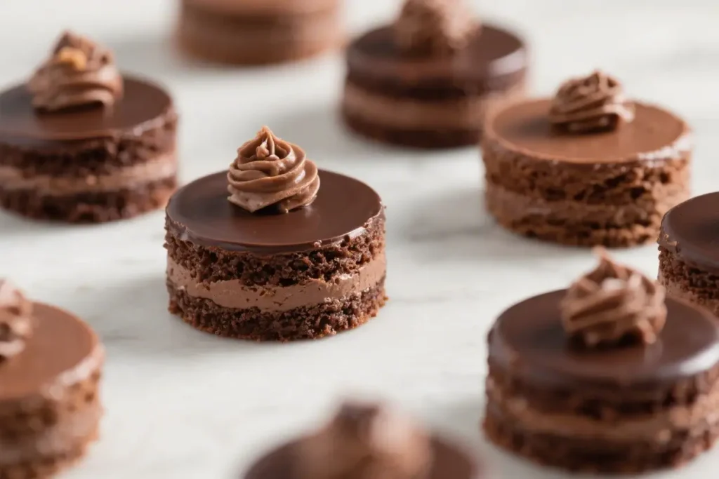 Mini chocolate layer cake rounds with rich chocolate frosting and glossy ganache topping, decorated with piped cream on parchment paper.