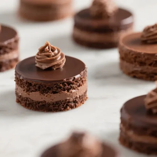 Mini chocolate layer cake rounds with rich chocolate frosting and glossy ganache topping, decorated with piped cream on parchment paper.