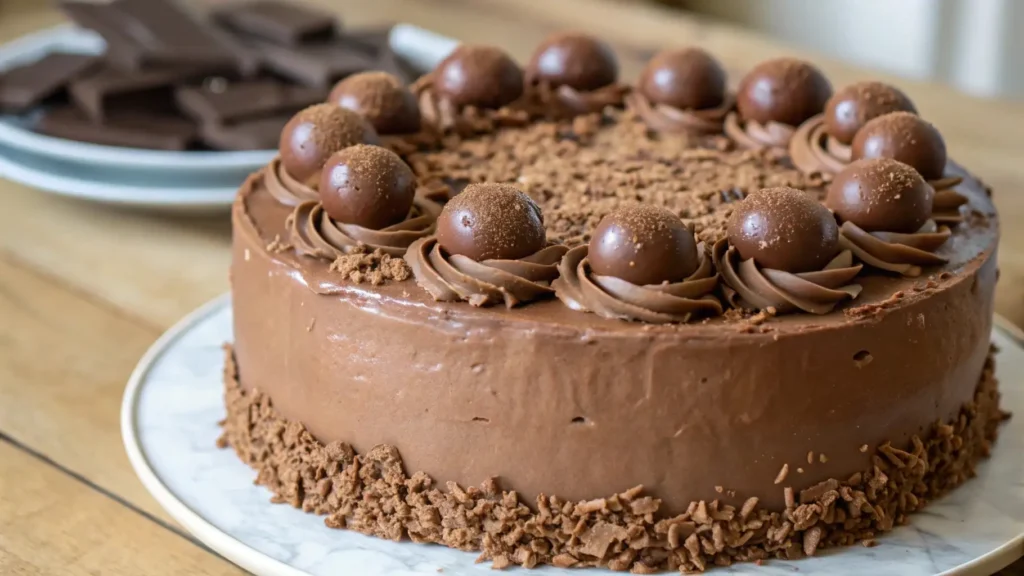 Chocolate malted cake with smooth chocolate frosting, malt balls, and chocolate shavings on a round cake