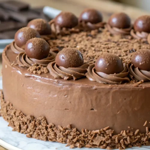 Chocolate malted cake with smooth chocolate frosting, malt balls, and chocolate shavings on a round cake