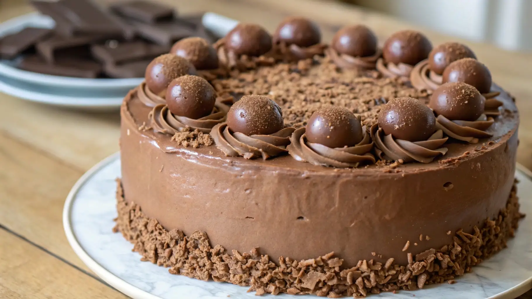 Chocolate malted cake with smooth chocolate frosting, malt balls, and chocolate shavings on a round cake