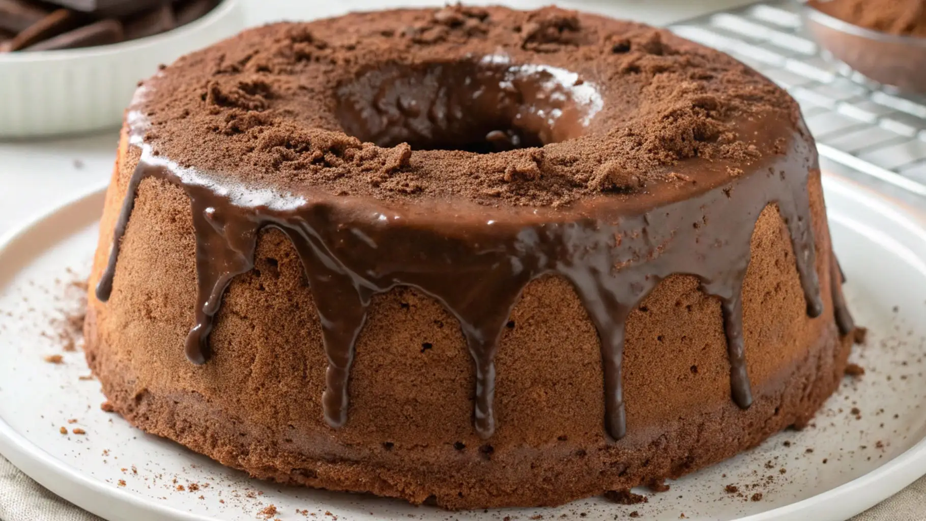 Chocolate Orange Angel Food Cake Simple Elegant Dessert - Light, Bright, And Crowd-Pleasing 1 Chocolate orange angel food cake with cocoa topping and glossy chocolate glaze dripping over a light airy sponge