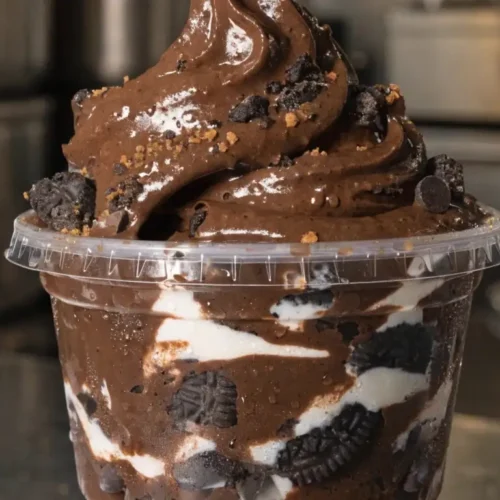 Chocolate Oreo pudding cup layered with creamy chocolate mousse, crushed Oreo cookies, and whipped topping in a dessert cup