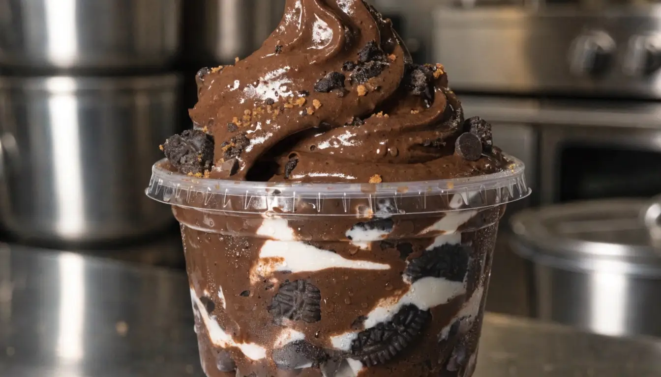 Chocolate Oreo pudding cup layered with creamy chocolate mousse, crushed Oreo cookies, and whipped topping in a dessert cup