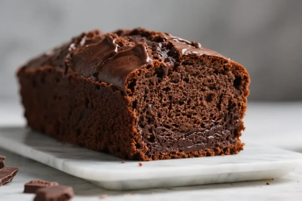 Chocolate pound cake loaf with a rich dark crumb and glossy chocolate glaze, sliced to show a dense, moist interior on a white marble board. This matches the classic profile of chocolate pound cake as rich, moist, and dense yet tender.