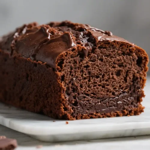 Chocolate pound cake loaf with a rich dark crumb and glossy chocolate glaze, sliced to show a dense, moist interior on a white marble board. This matches the classic profile of chocolate pound cake as rich, moist, and dense yet tender.